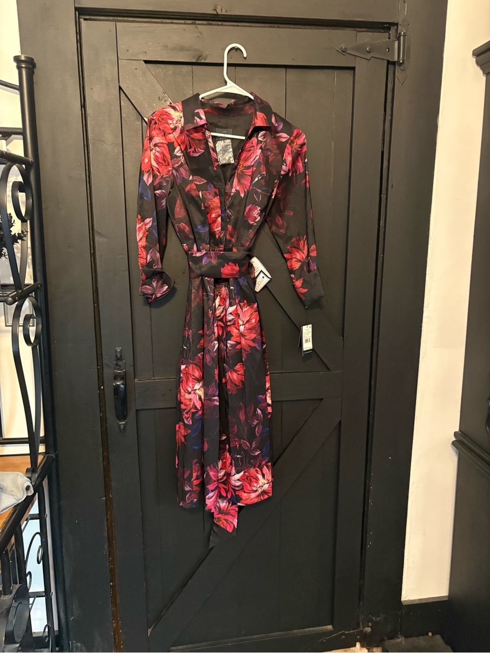 Adrianna Papell Black Maxi Wrap Dress with Red & Purple Floral Print